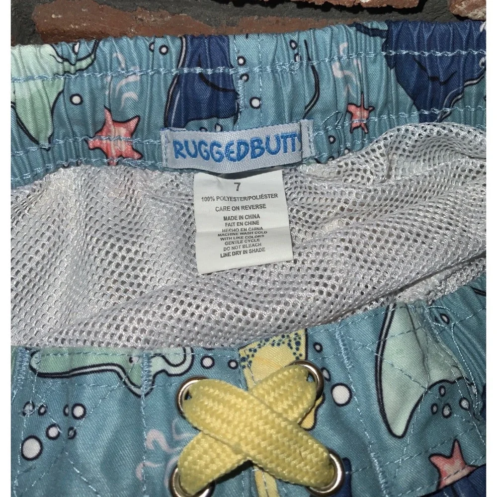 RuggedButts Boys Stingray Starfish Swim Trunks Blue Mesh Lined‎ Shorts Size 7